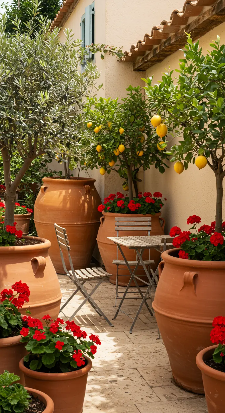 Patio méditerranéen avec des citronniers et des géraniums rouges dans de grandes jarres en terre cuite.
