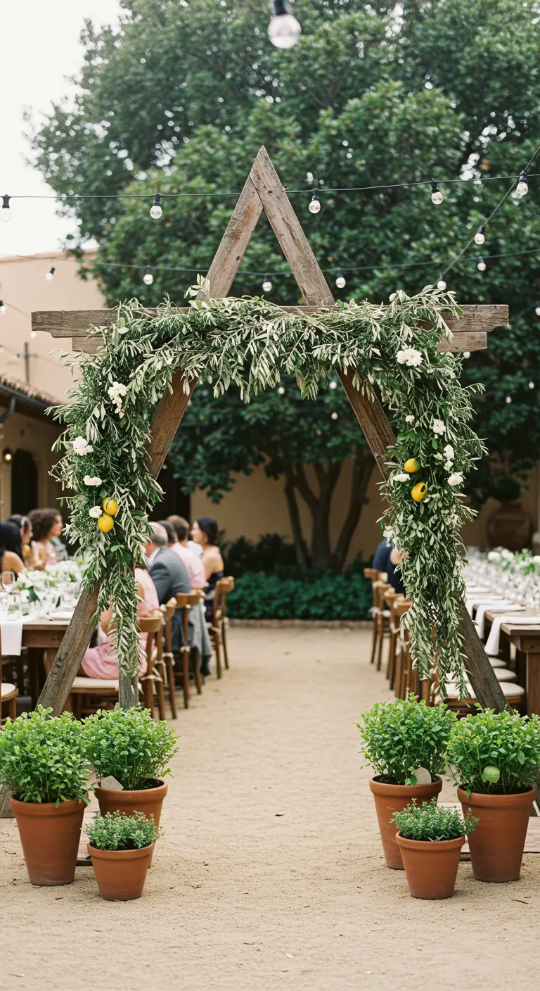Arche triangulaire en bois avec feuillage vert et citrons, entourée de plantes aromatiques en pots.
