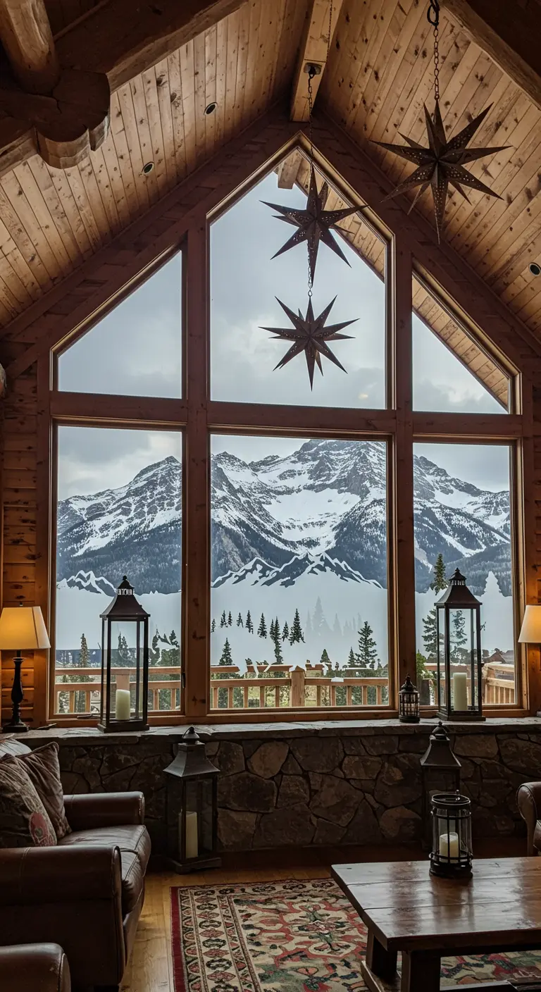 Grande fenêtre de chalet avec vue sur les montagnes, décorée d'étoiles suspendues.