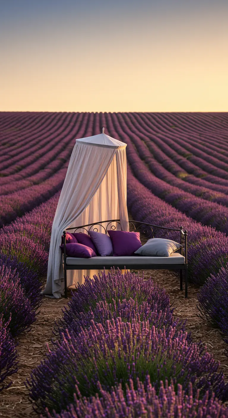 Banc en fer forgé avec voilage dans un champ de lavande