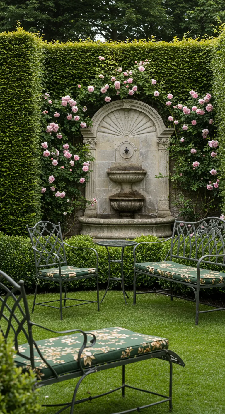 Jardin formel avec fontaine en pierre, rosiers grimpants et bancs en fer forgé.