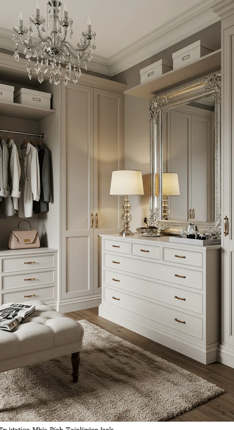Dressing classique avec commode blanche, grand miroir baroque et lustre à pampilles.