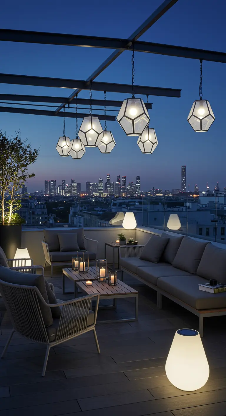 Terrasse de toit moderne avec suspensions géométriques et lanternes au sol, vue sur une ville illuminée.
