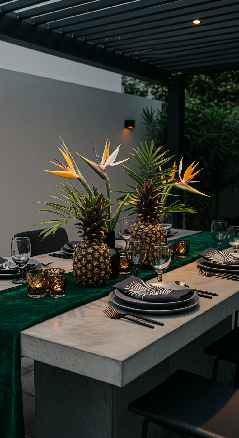 Longue table en béton avec chemin de table en velours vert, ananas, oiseaux de paradis, vaisselle sombre et verres transparents.