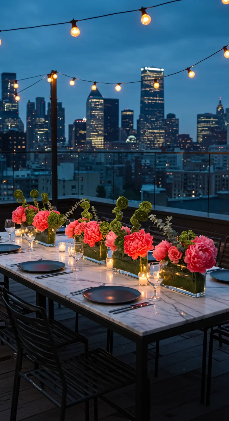 Longue table en marbre sur un rooftop, pivoines corail et eucalyptus spiralé dans des vases rectangulaires.
