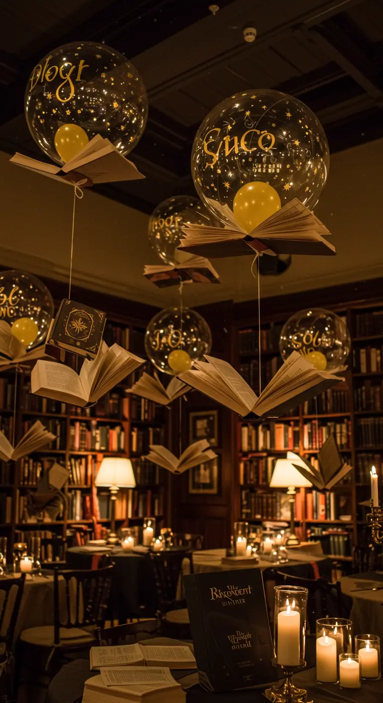 Ballons transparents avec des livres ouverts suspendus, créant une ambiance magique.