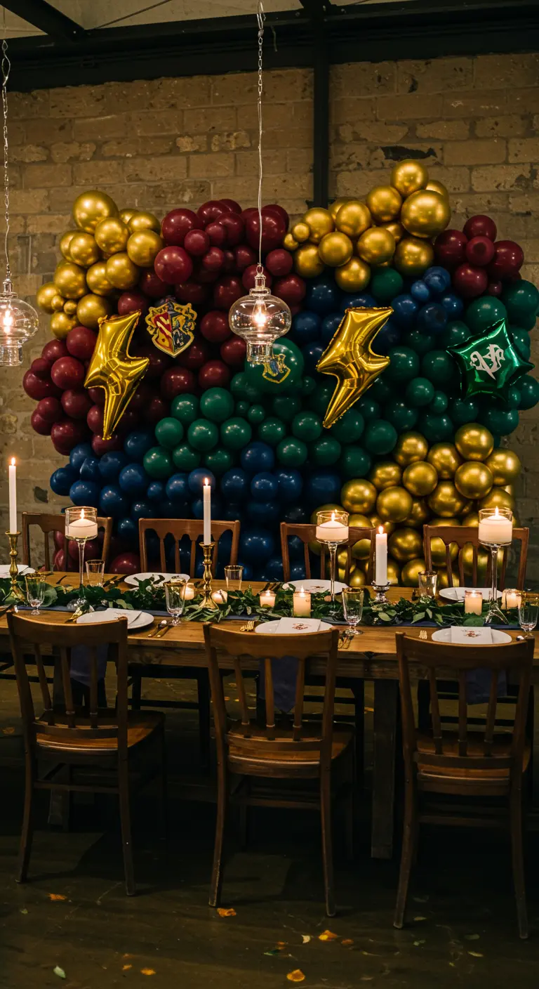 Mur de ballons aux couleurs de Poudlard pour une fête Harry Potter.