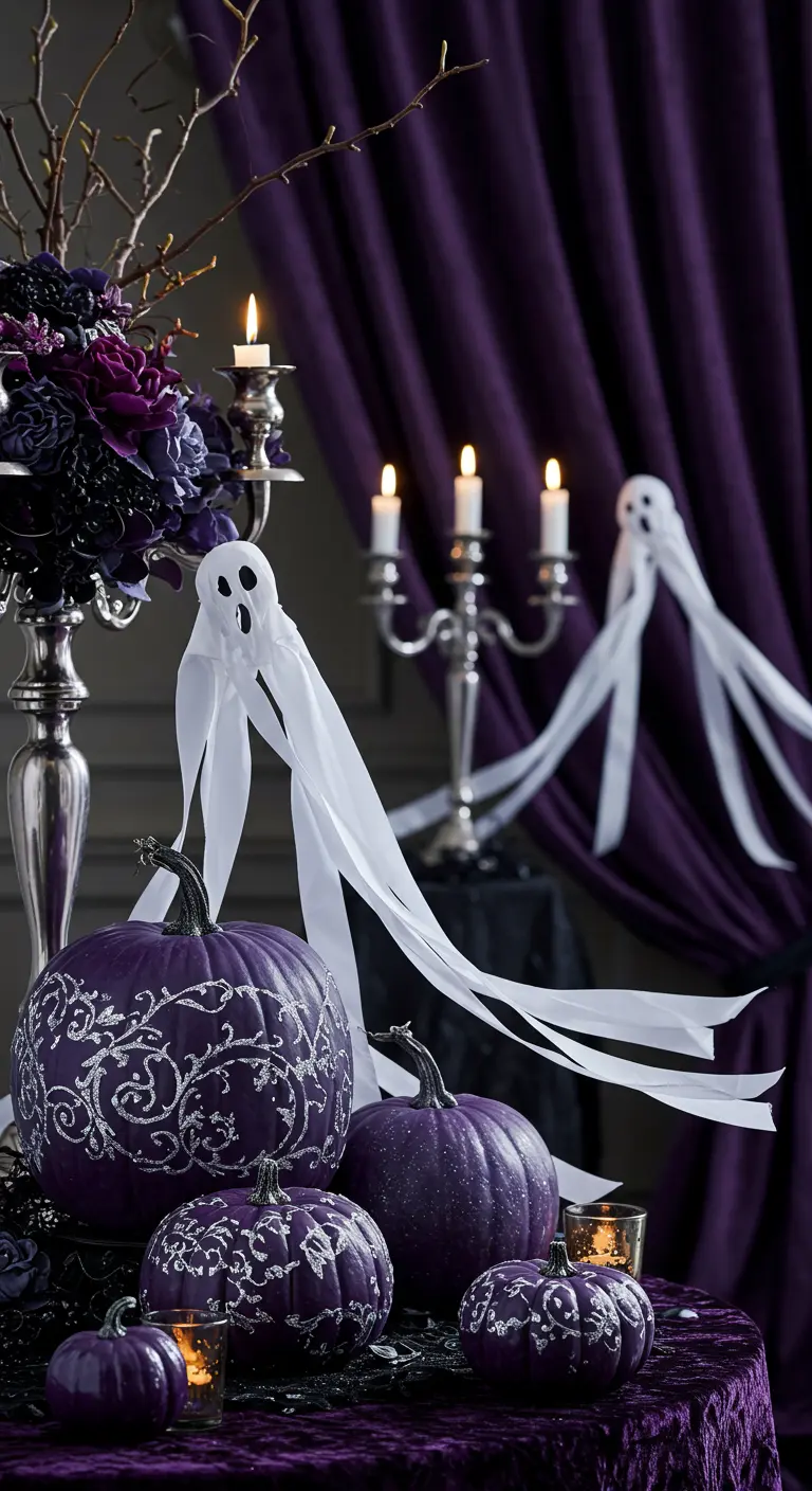 Décoration d'Halloween glamour avec des citrouilles violettes et argentées.