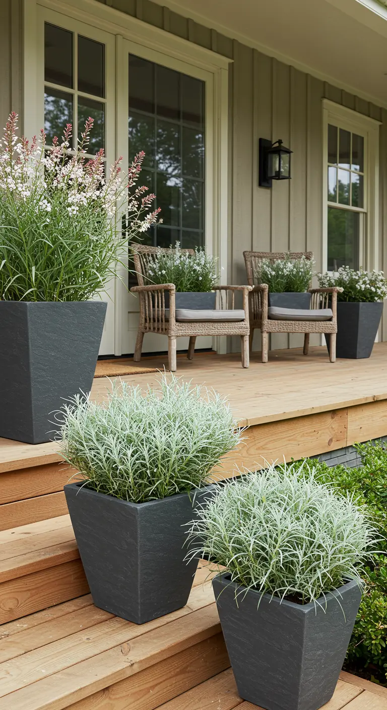 Pots carrés gris avec feuillage argenté et fleurs de gaura blanches sur un porche.