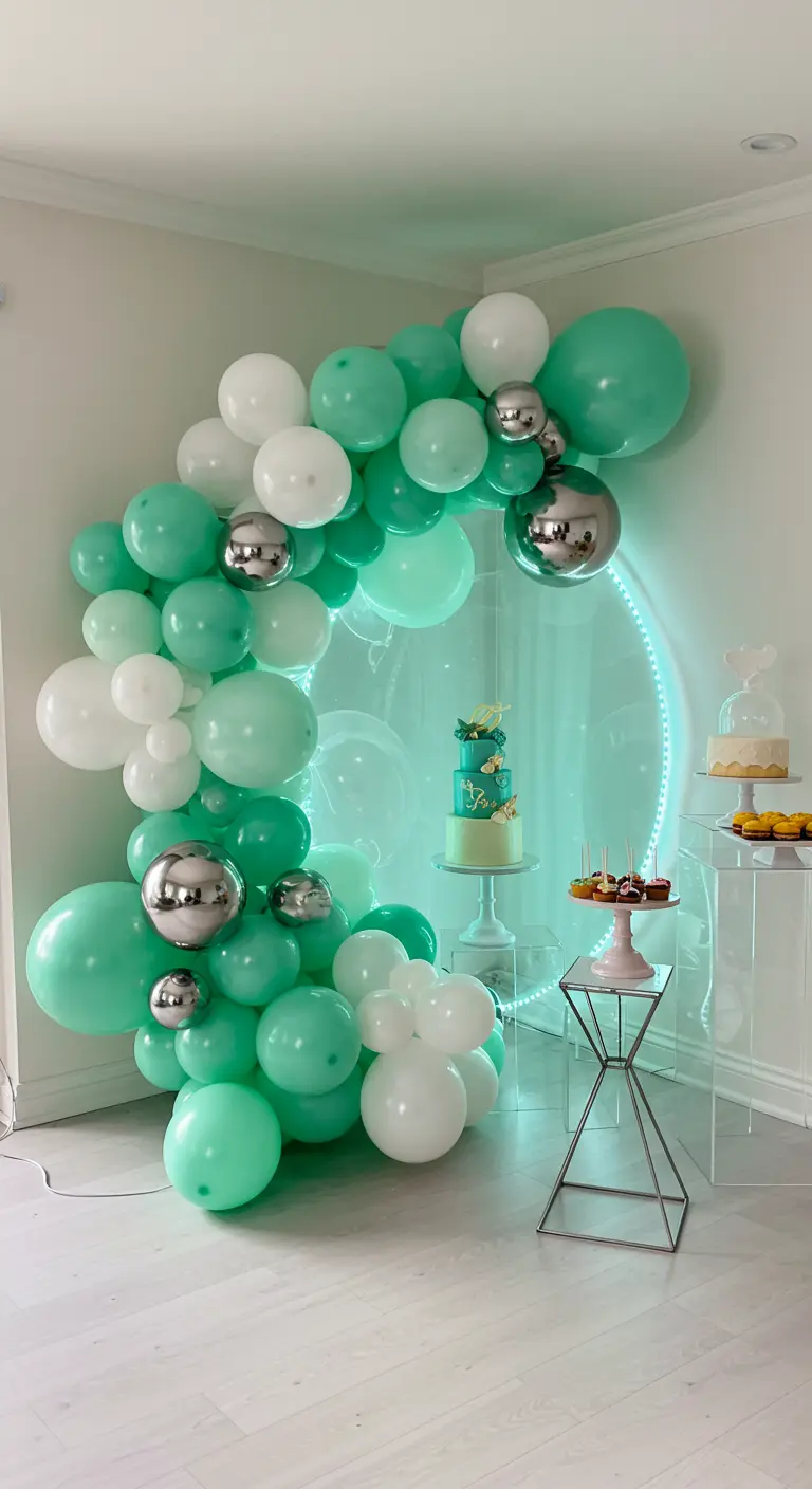 Arche de ballons vert menthe et argent avec un néon circulaire.