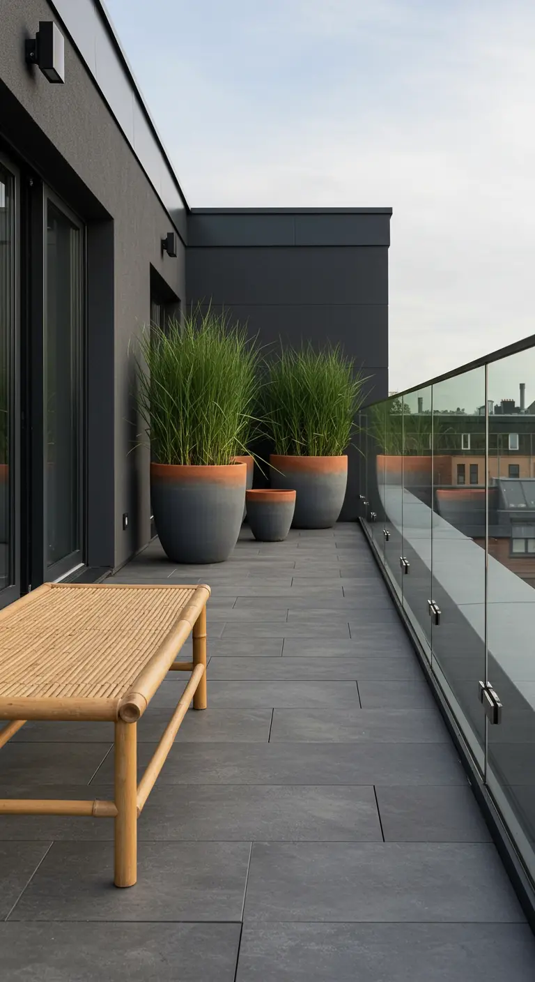 Balcon moderne avec des pots gris et un banc en bambou tressé.