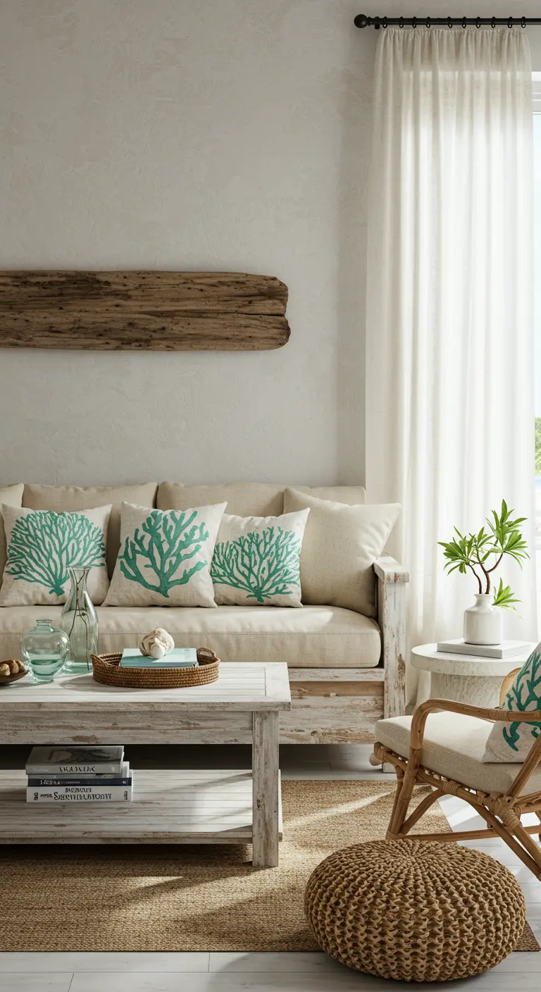 Salon côtier avec canapé beige, coussins corail turquoise et une pièce de bois flotté au mur.