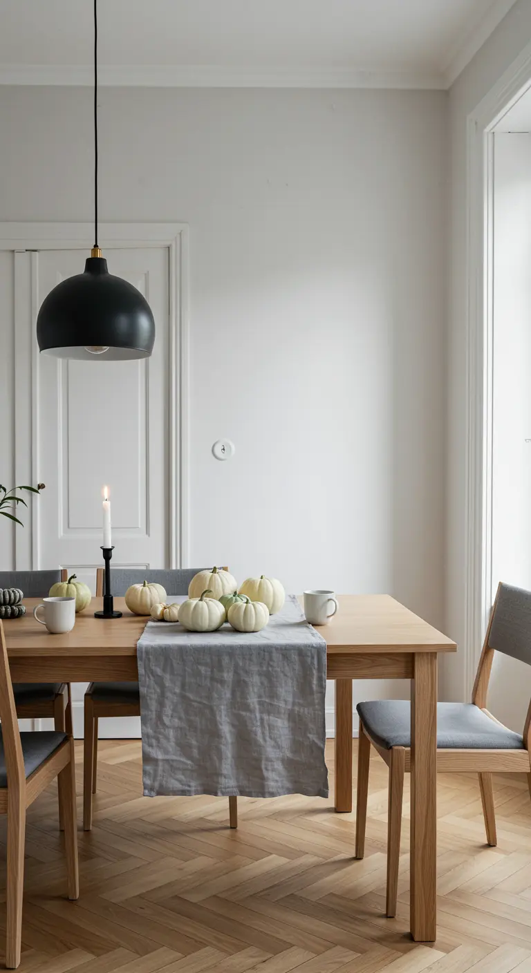 Table scandinave minimaliste avec chemin de table gris et mini-citrouilles.
