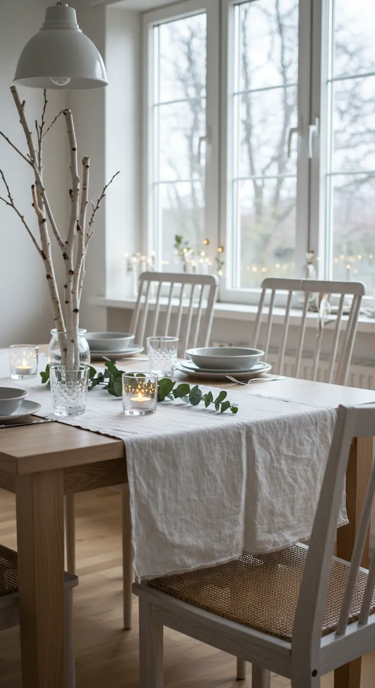 Décoration de table scandinave avec des branches de bouleau dans un vase et un chemin de table en lin.