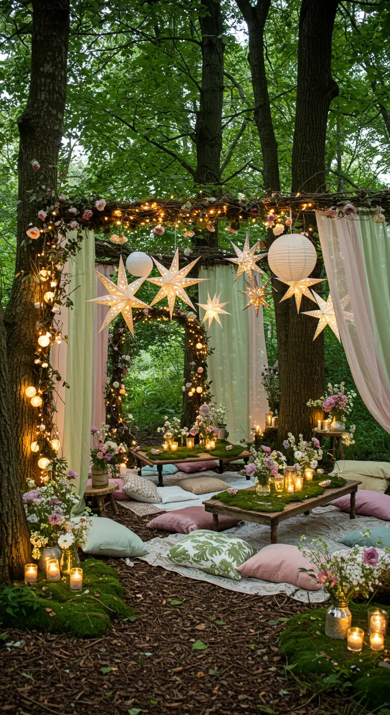 Un coin pique-nique bohème dans les bois avec des lumières, des étoiles et des coussins au sol.
