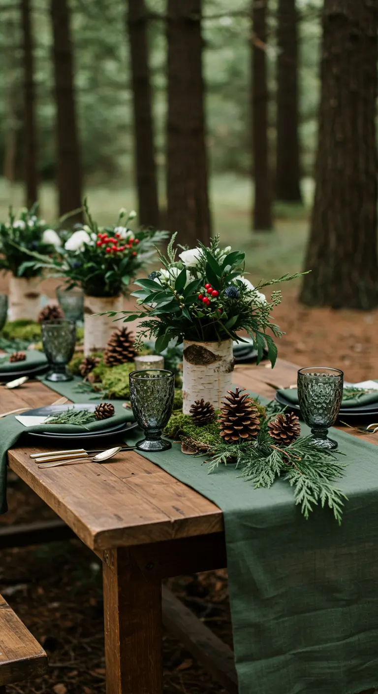Table en forêt avec chemin de table vert foncé, bouquets en écorce de bouleau, pommes de pin et verres fumés.