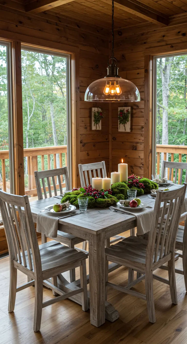 Centre de table rustique avec mousse, bougies blanches, et baies rouges sur une table en bois.