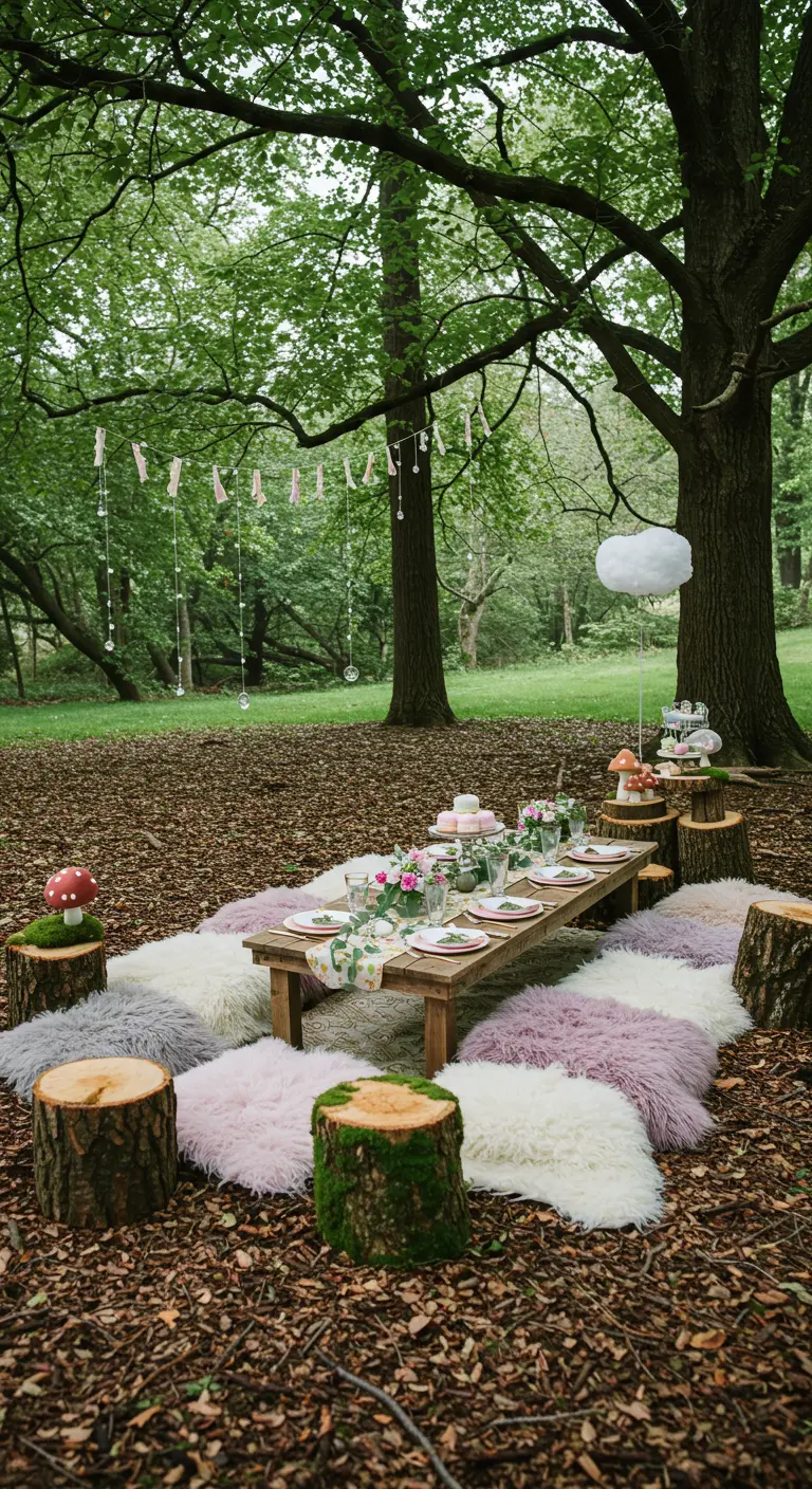 Table basse en bois dans un sous-bois, peaux de mouton, troncs d'arbres et décorations champignons.