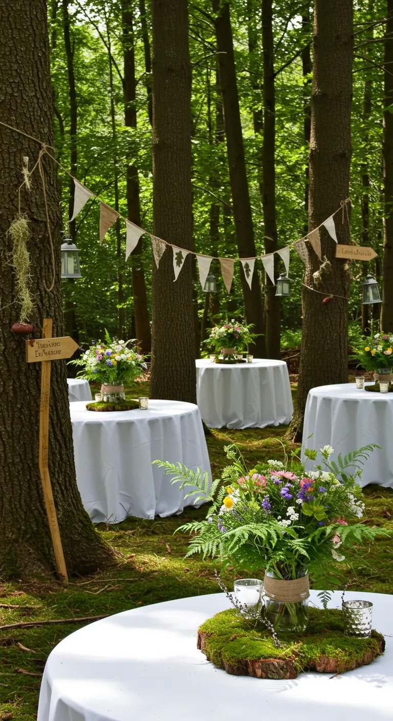 Réception en sous-bois avec tables rondes, nappes blanches, bouquets sauvages et guirlandes de fanions rustiques.