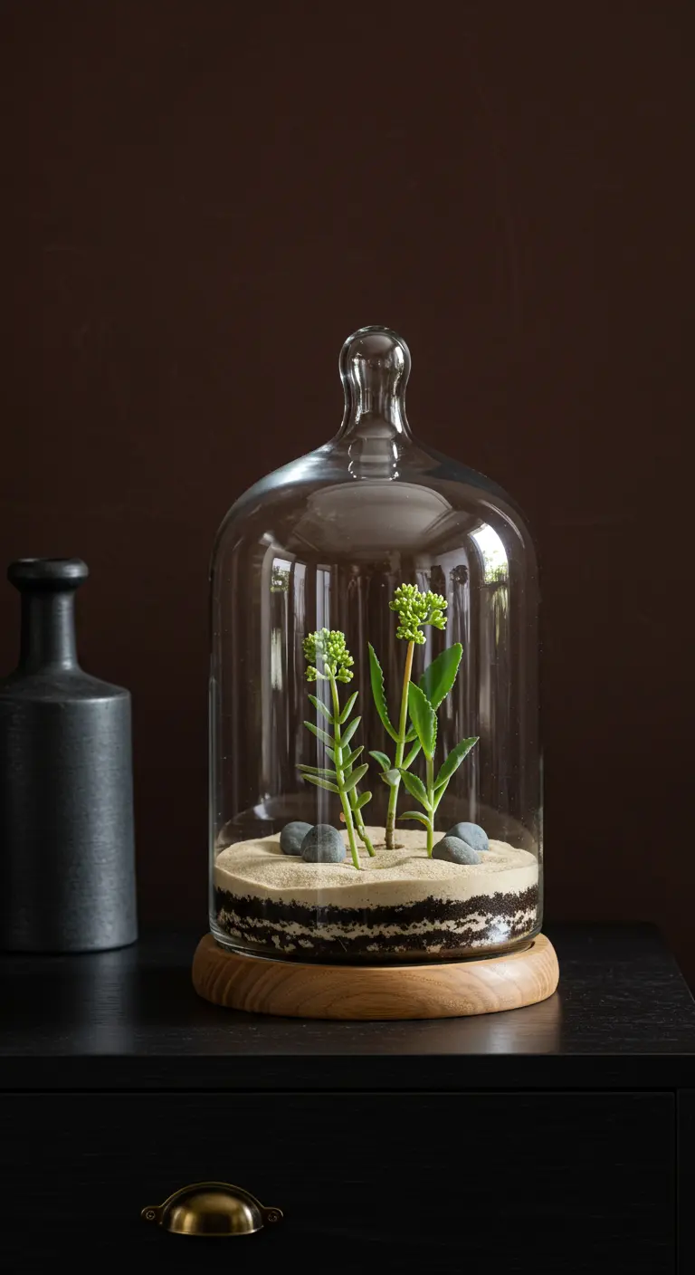 Terrarium sous cloche avec deux plantes grasses élancées, sable et gravier sur une base en bois.