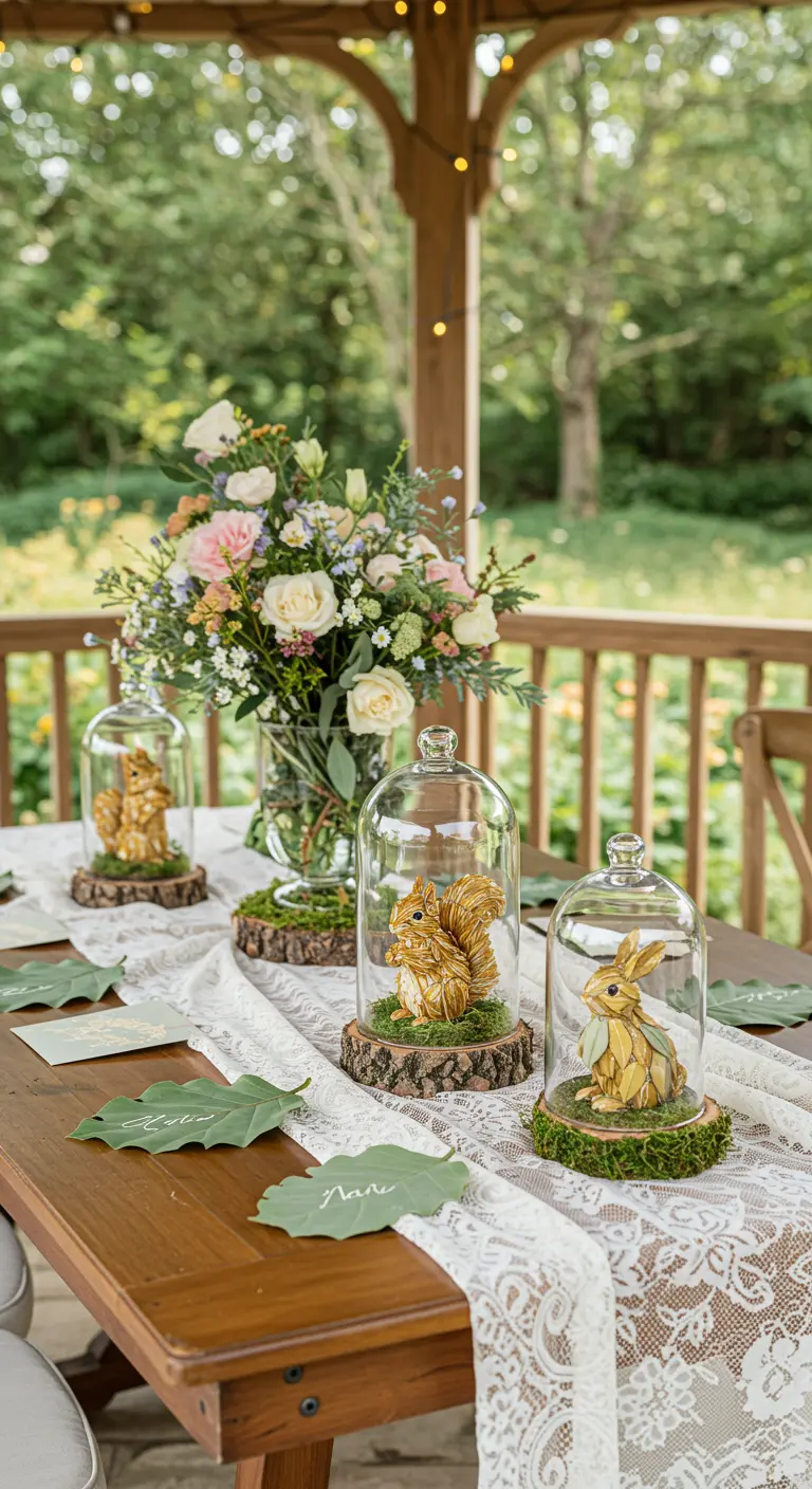 Décor de table forestier avec figurines d'animaux sous cloches en verre sur rondins de bois.
