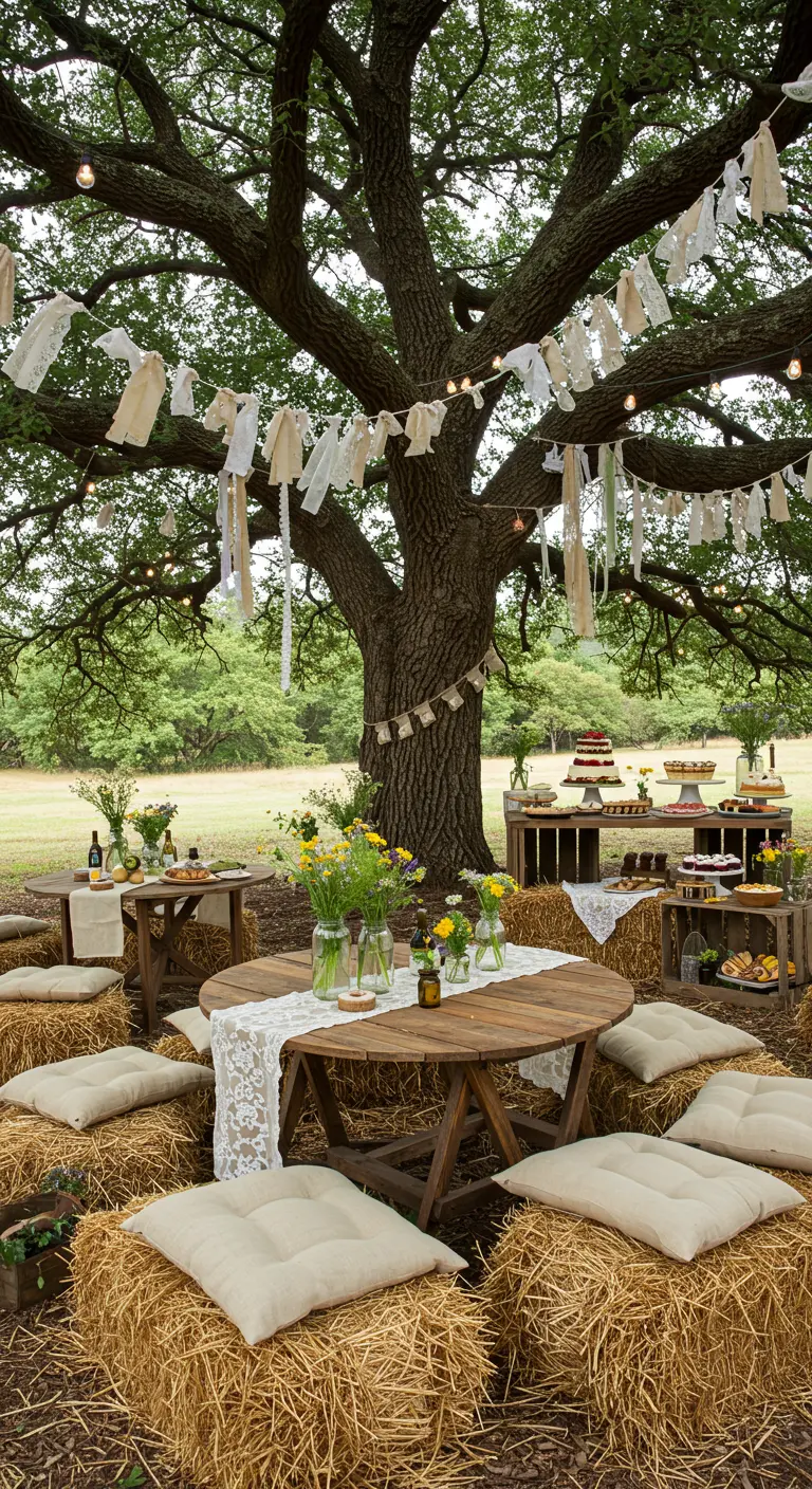 Fête champêtre sous un grand arbre avec bottes de foin, tables en bois et guirlandes.