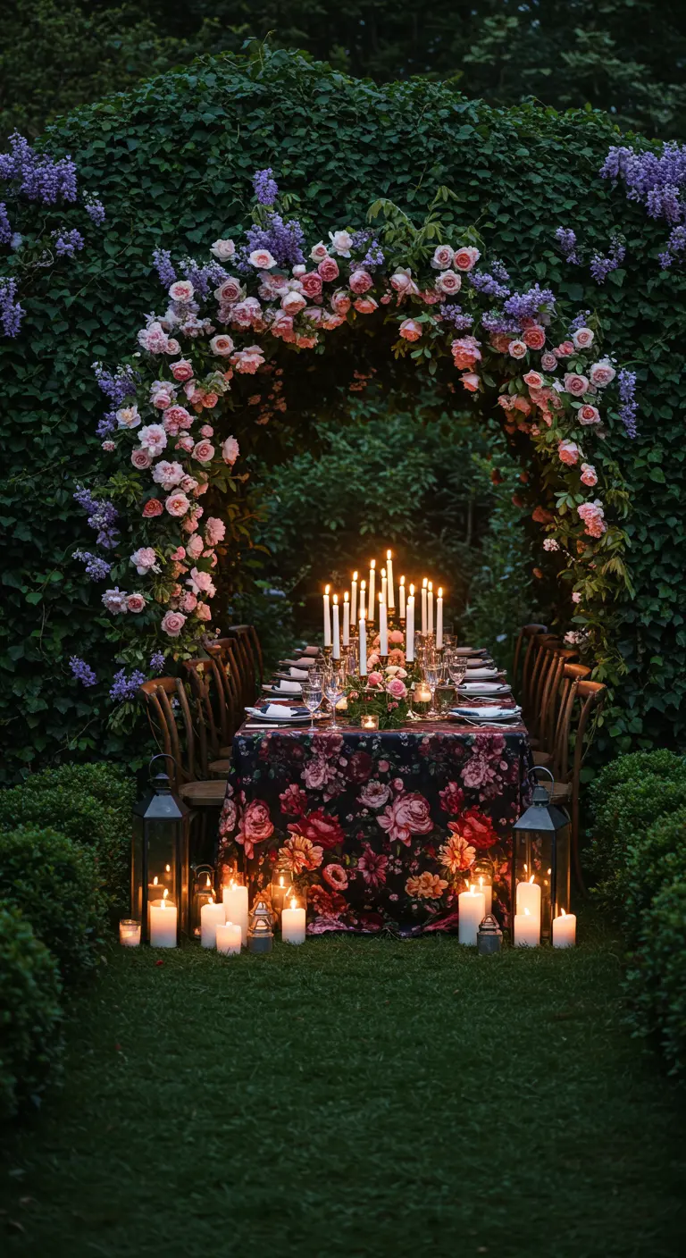 Dîner romantique en soirée dans un jardin, arche fleurie sombre, table avec nappe florale et chandeliers.