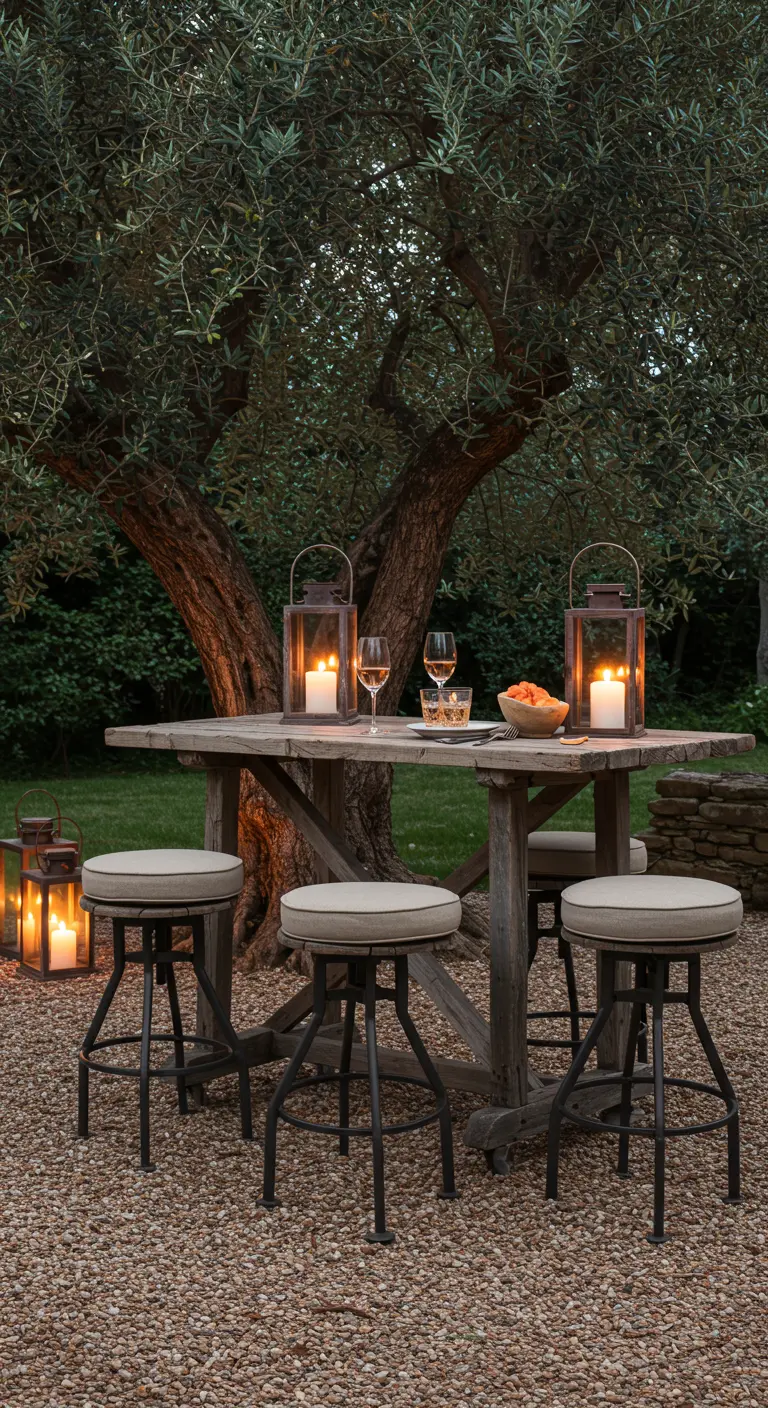 Table haute rustique en bois sous un olivier, éclairée par des lanternes.