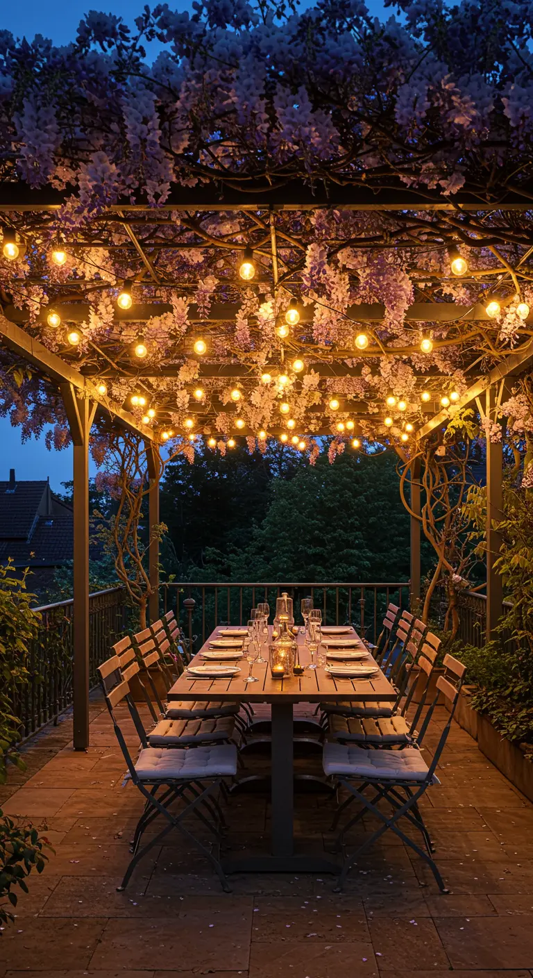 Table dressée sous une pergola couverte de glycines en fleurs et de guirlandes.