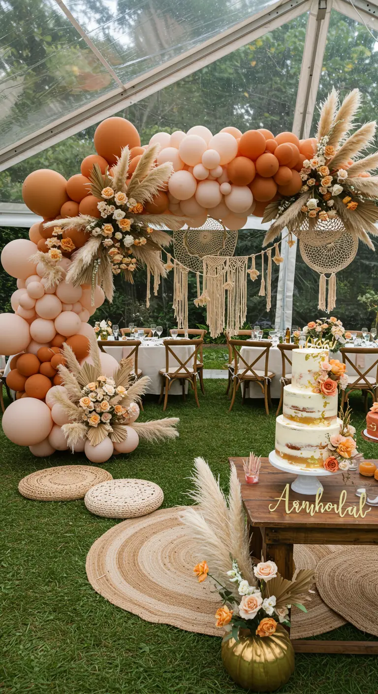 Arche de ballons orange et crème sous une tente de réception en extérieur avec tables en bois.