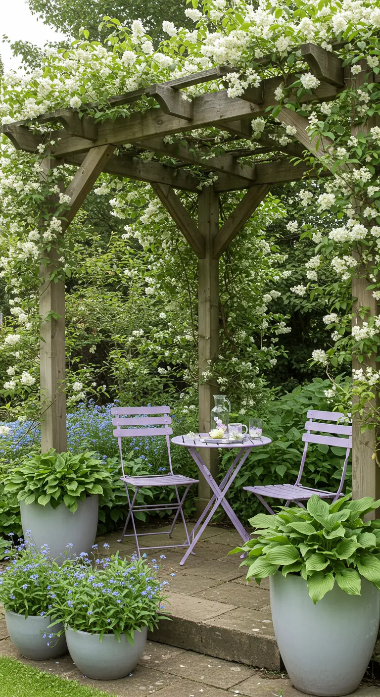Pergola en bois recouverte de fleurs blanches, avec un salon de jardin lilas et des pots d'hostas.