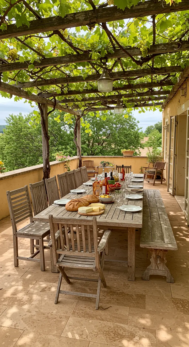 Longue table en bois rustique sous une pergola couverte de vigne.