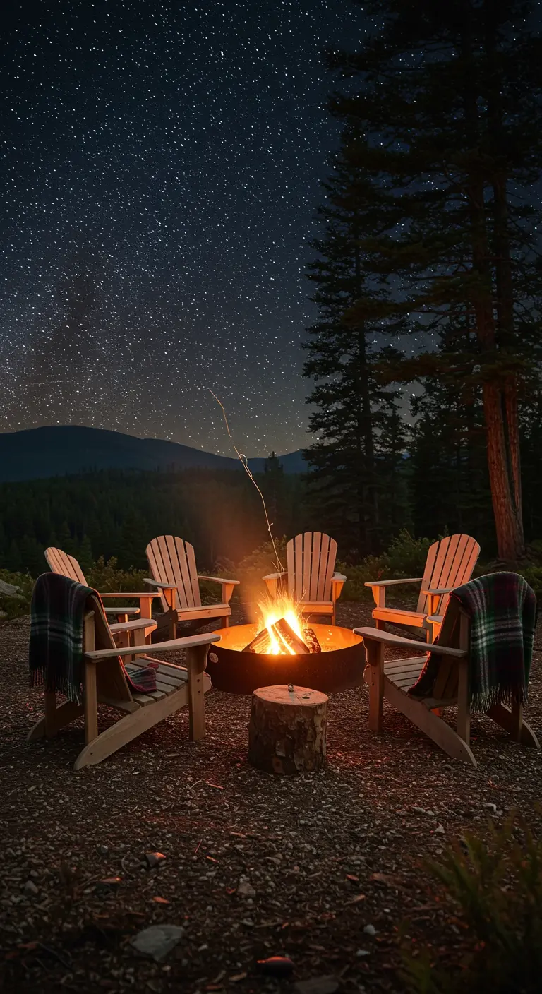 Coin feu sauvage avec fauteuils Adirondack en bois clair, brasero sous un ciel étoilé