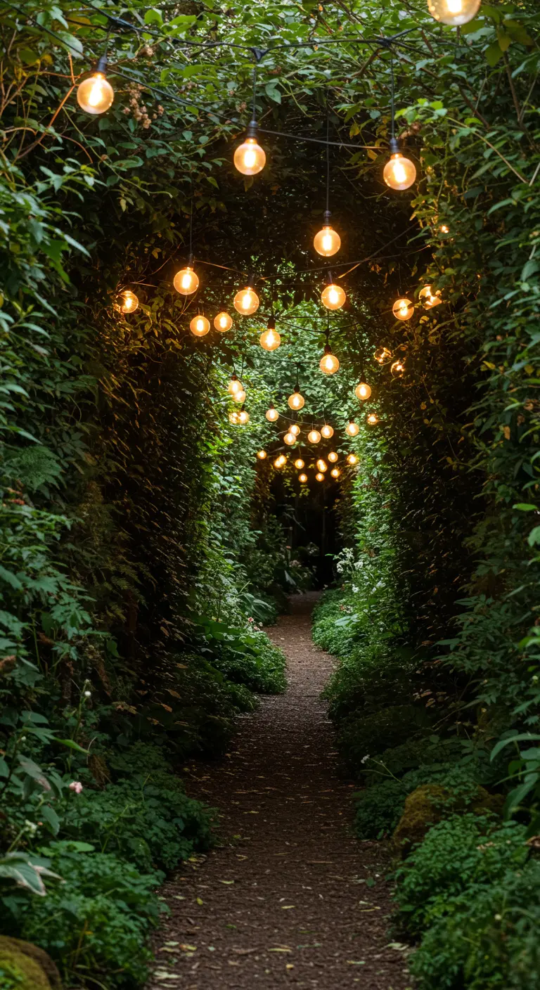 Tunnel de verdure dense avec des guirlandes de globes lumineux suspendus.