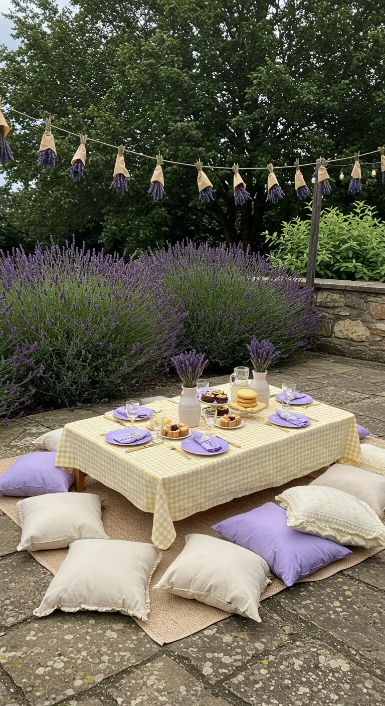 Pique-nique en champ de lavande, nappe vichy jaune et décoration lavande.