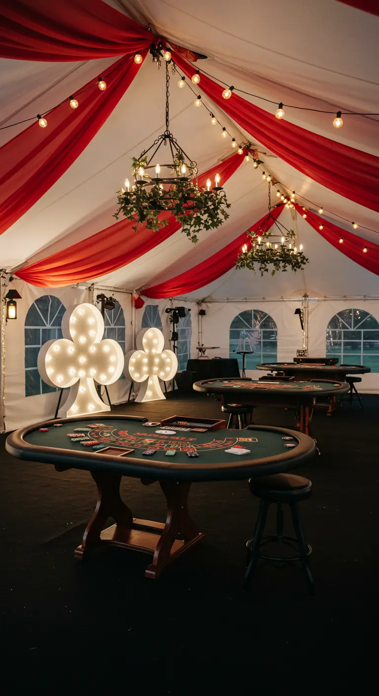 Tente de réception décorée avec des drapés rouges et des guirlandes.