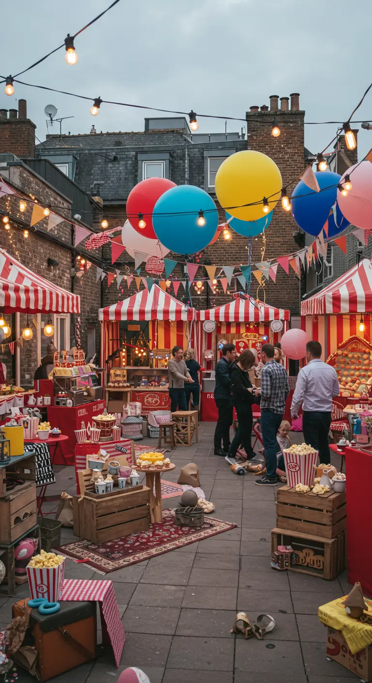 Terrasse transformée en fête foraine avec des tentes rayées et des ballons géants.
