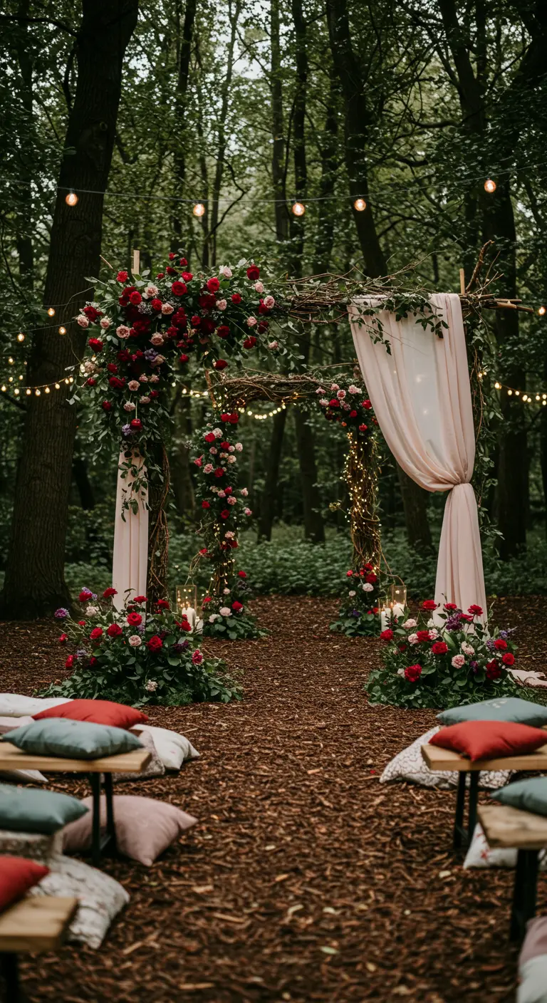 Arche de mariage en branches tressées, roses et lierre, dans une forêt avec coussins et guirlandes.
