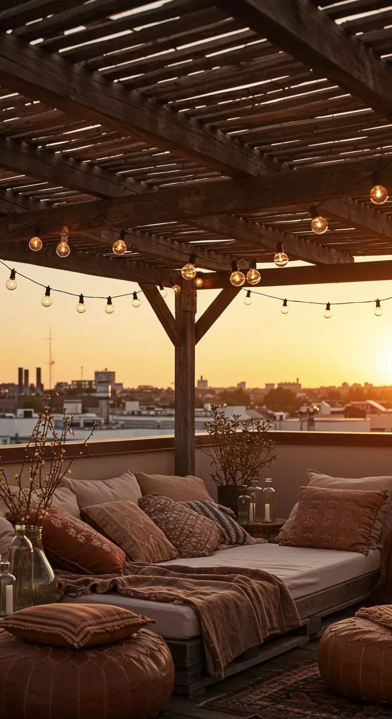 Terrasse sur le toit avec pergola en bois, des guirlandes sont suspendues entre les poutres.