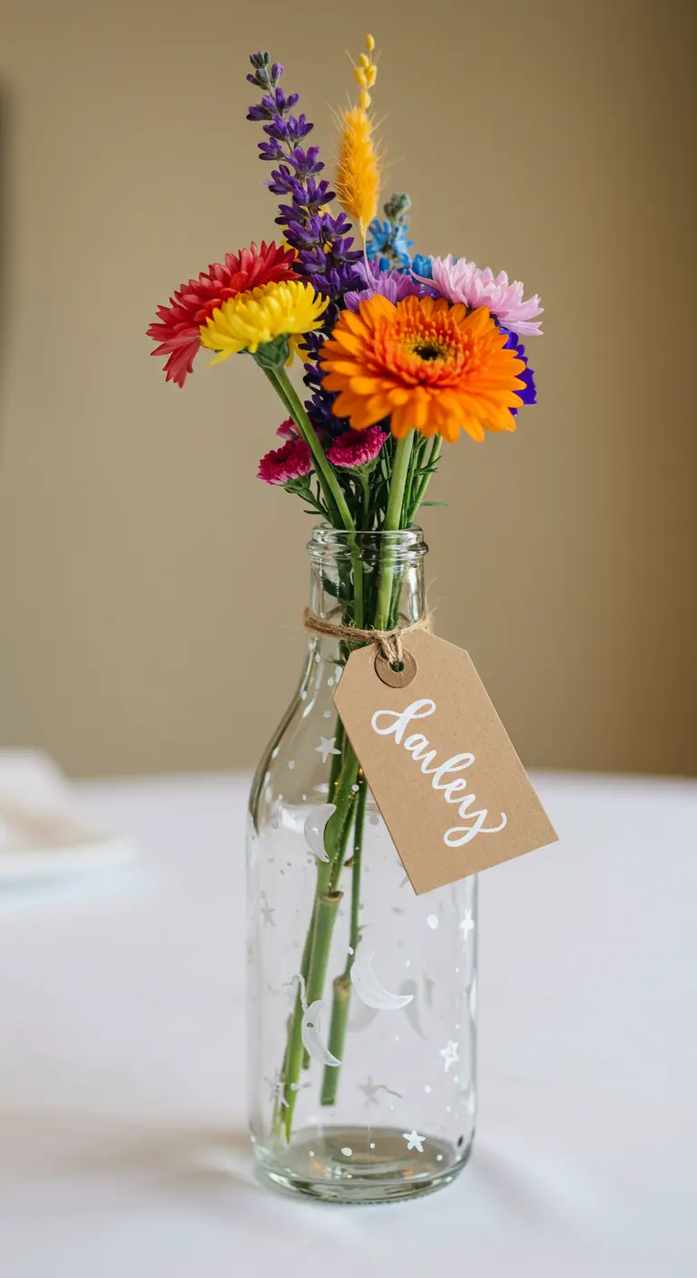 Bouteille en verre peinte avec des étoiles, contenant un bouquet coloré.