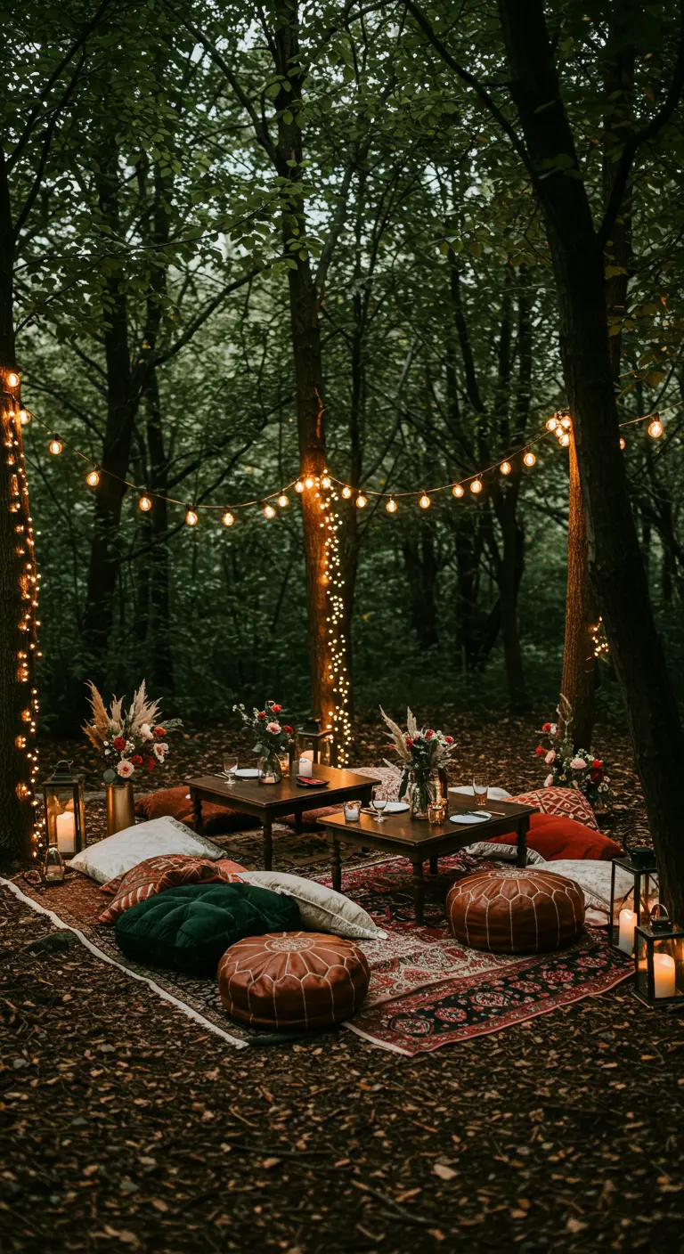 Réception de mariage bohème dans une clairière forestière avec tables basses, coussins, tapis, guirlandes lumineuses et lanternes.