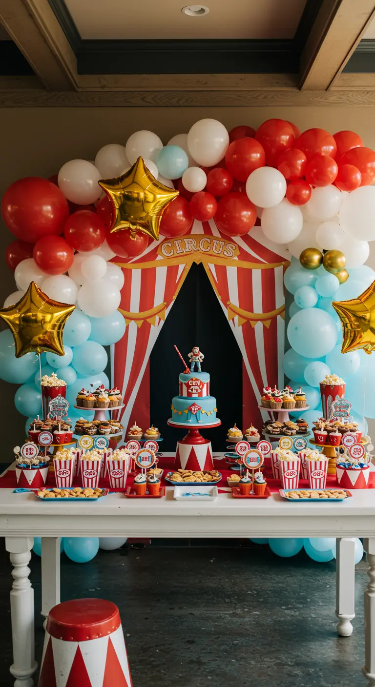 Décoration de fête thème cirque avec ballons rouges et blancs.