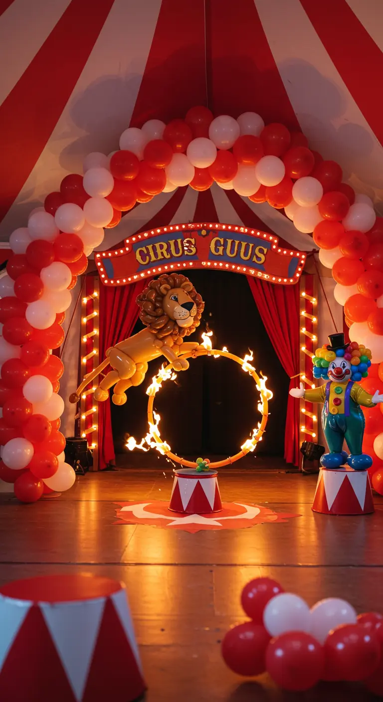 Une scène de cirque avec un lion en ballons sautant à travers un cerceau de feu.