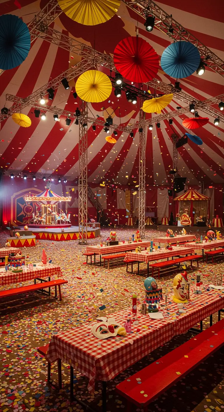 Intérieur d'un chapiteau de cirque avec tables à carreaux, parasols colorés et confettis.