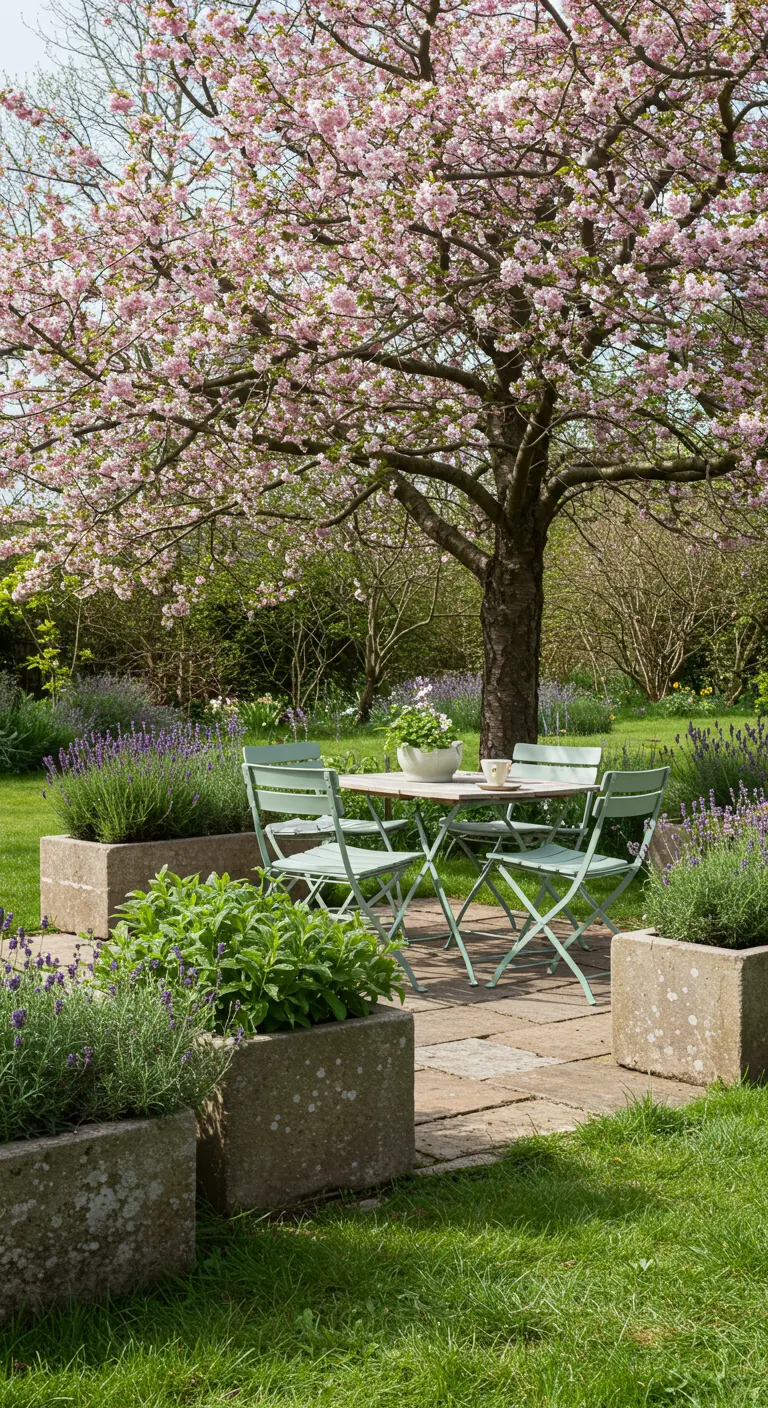 Un salon de jardin vert sauge installé sous un cerisier japonais en pleine floraison.