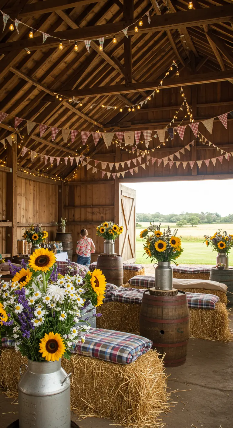 Réception dans une grange avec charpentes en bois, guirlandes de fanions, bottes de foin, tonneaux et bouquets de tournesols.
