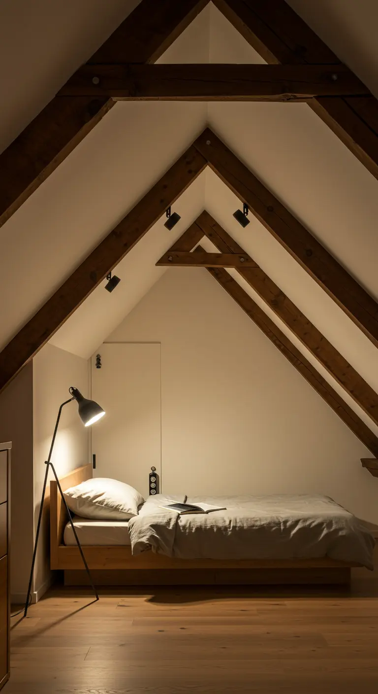 Chambre sous les combles avec spots sur poutres et lampadaire de lecture.