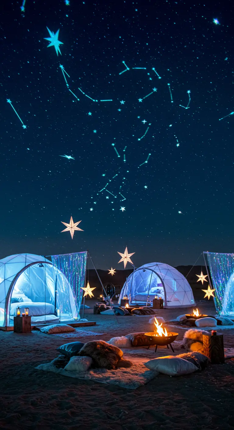 Campement de glamping avec tentes dômes, étoiles lumineuses et constellations projetées dans le ciel.