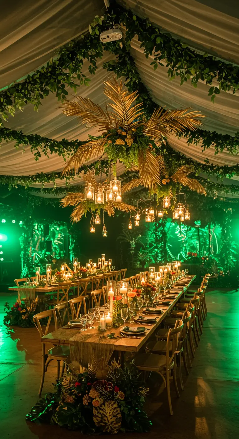 Intérieur de tente festif avec drapés verts, chandeliers de palmes dorées, tables en bois et éclairage ambiant.