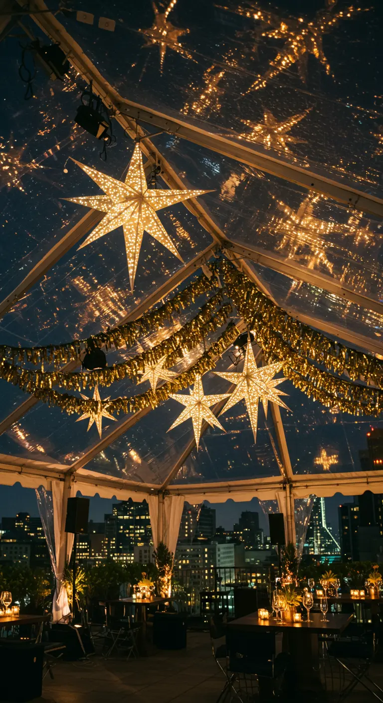 Étoiles lumineuses et guirlandes dorées sous une tente transparente sur un rooftop.